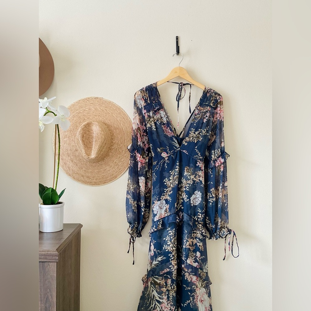 ASOS | Tiered Midi Dress in Navy Floral Print with Lace Trim | Size: 8